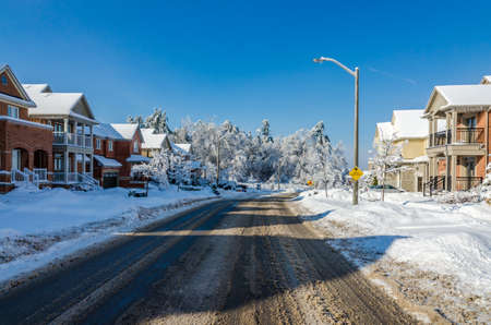 Trees and streets of Canadian town after a freezing rain stormの写真素材
