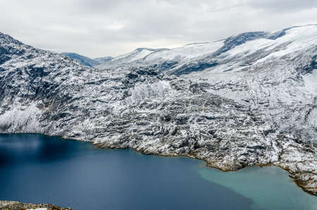 View of the misty mountain lake. Norway.の写真素材