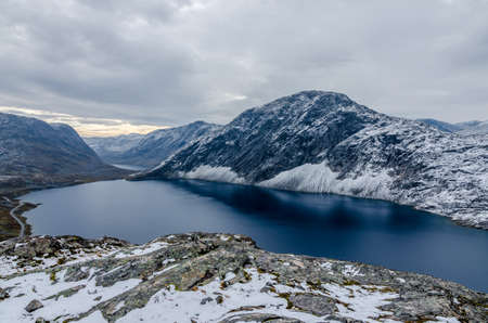 View of the misty mountain lake. Norway.の写真素材