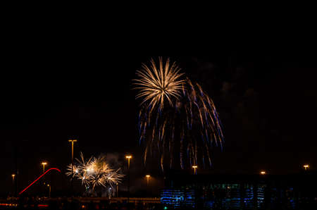 Color fireworks on black sky background