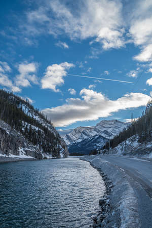 Whitemans Pond and Rocky Mountains near Canmore, Alberta, Canadaの写真素材