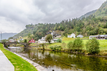 Sall river and bridge in overcast day in Norwayの写真素材