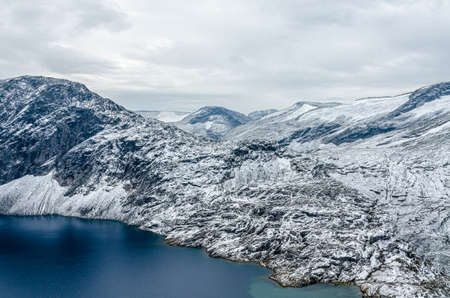 View of the misty mountain lake. Norway.の写真素材