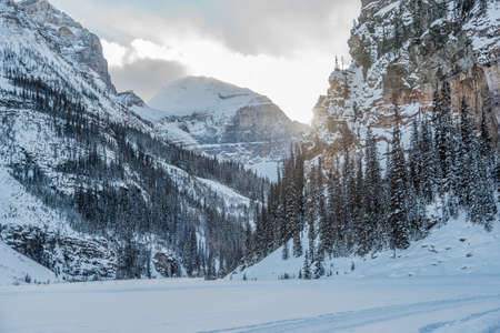 Lake Louise in Banff Park in winter time, Alberta, Canadaの写真素材