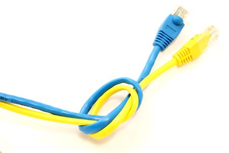 Two cables UTP are isolated on a white background close-upの写真素材