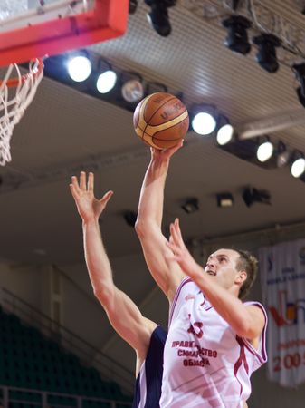RUSSIA - JUNE 04: Andrey Trushkin of BC Krasnye Krylia with the ball attacking BC Triumph Lyubertsy June 04, 2010 in Samara, Russia.のeditorial素材