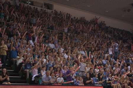 SAMARA, RUSSIA - MAY 12: Fans and spectators enjoyed on tribunes at final game of Cup of Russia on May 12, 2012 in Samara, Russia.のeditorial素材