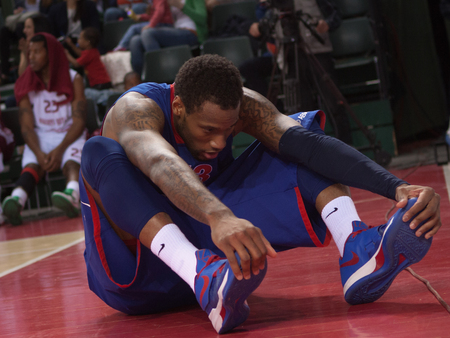SAMARA, RUSSIA - MAY 19: Sonny Weems of BC CSKA is on the floor while playing with BC Krasnye Krylia on May 19, 2013 in Samara, Russia.のeditorial素材