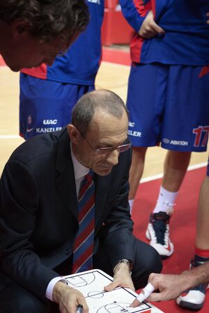 SAMARA, RUSSIA - MAY 20: Timeout. Head coach of BC CSKA Ettore Messina during a game against BC Krasnye Krylia on May 20, 2013 in Samara, Russia.のeditorial素材