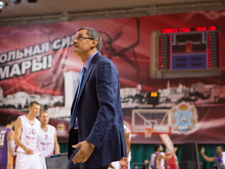 SAMARA, RUSSIA - NOVEMBER 06: BC Krasnye Krylia head coach Sergey Bazarevich during the BC Royal Hali Gaziantep basketball game on November 06, 2013 in Samara, Russia.のeditorial素材