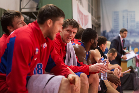 SAMARA, RUSSIA - DECEMBER 01: BC CSKA forward Victor Khryapa #31 sits on the bench during the BC Krasnye Krylia basketball game on December 01, 2013 in Samara, Russia.のeditorial素材