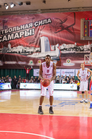 SAMARA, RUSSIA - DECEMBER 07: BC Krasnye Krylia forward Demetris Nichols #8 prepares to shoot a free throw during the BC Azovmash game on December 07, 2013 in Samara, Russia.のeditorial素材