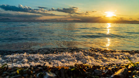 Kamchatka. Sunset in Avacha Bay with the reflections of the setting sun on the waterの写真素材