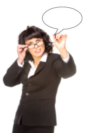 Cheerful senior business woman with pen drawing on virtual whiteboard. Focus on pencil. isolated on whiteの写真素材