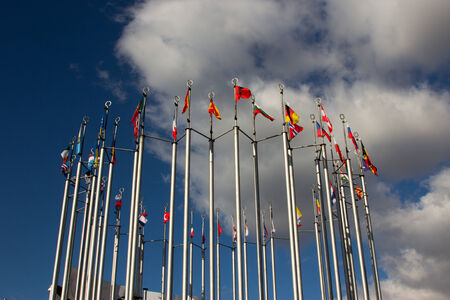 Group og Europeans flag outdoors, on sky background