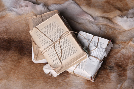 Vintage connected book on red furの写真素材