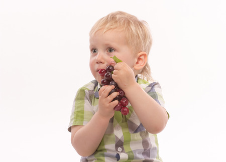 Healthy eating concept with child having grapes isolated on whiteの写真素材