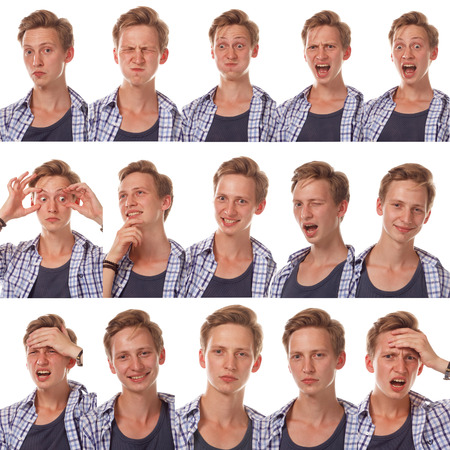 Young emotional man close up portrait, collage, isolated on white.の写真素材