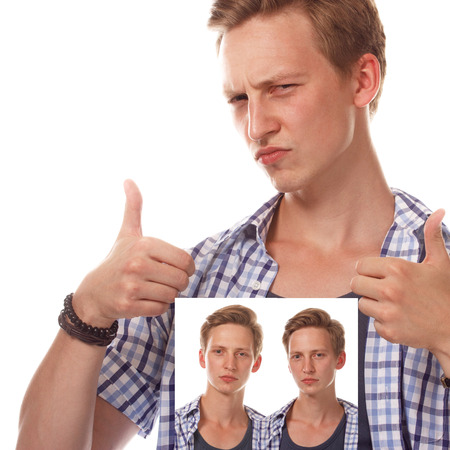 Young emotional man close up portrait, collage, isolated on white.の写真素材