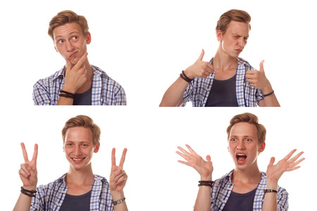 Young emotional man close up portrait, collage, isolated on white.の写真素材