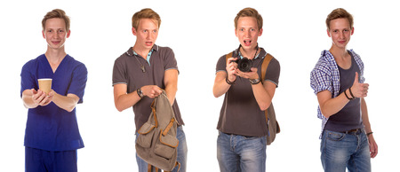 Artist portfolio. Doctor giving a cup of tea, Excited young man showing the thumbs up gesture, Young shocked student opening his backpack, young man taking a picture, isolated on white backgroundの写真素材
