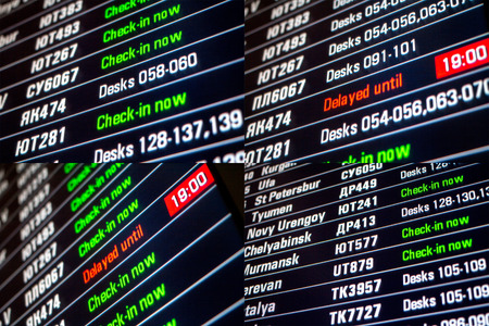Close-Up of an international airport board panel with flight delayed
