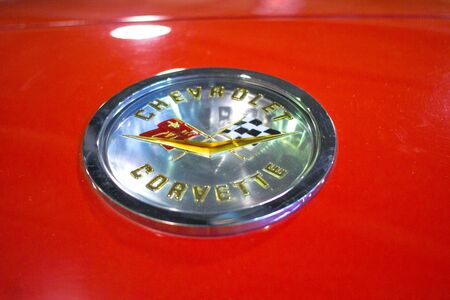 FEB 05, 2017, MOSCOW, RUSSIA: Photo of classic vintage Chevrolet Corvette trunk Emblem. The first generation Corvette was introduced in 1953.のeditorial素材