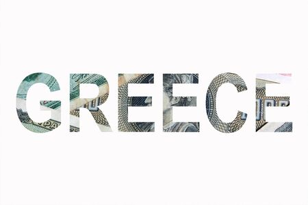 Country name Greece sign with photo in background. Isolated on white.の写真素材