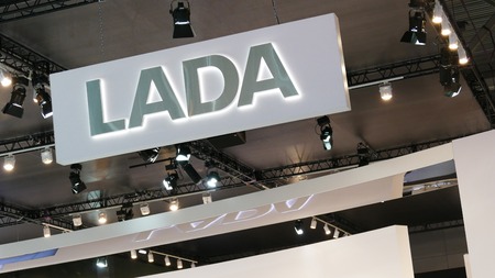 Russian LADA sign at the exhibition MIMS 2018. SEP 03, 2018 MOSCOW, RUSSIA