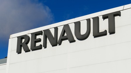 Close-up Renault motor logo in dealership wall. SEP 03, 2018 MOSCOW, RUSSIAのeditorial素材