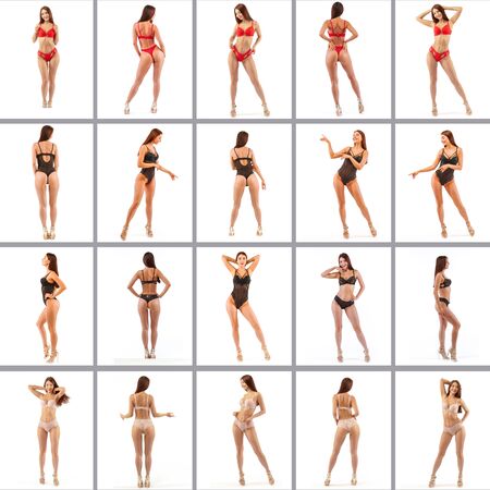 Lingerie on the body of a beautiful woman. Isolated on white. Collageの写真素材