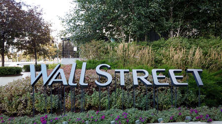 Wall Street sign outdoors in front of business center. SEP 24, 2020 MOSCOW, RUSSIA