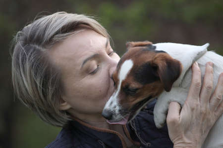 Attractive woman having rest in park with white jack russell terriers. Love story close up portraitの写真素材