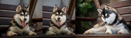 Siberian Husky dog posing on park bench
