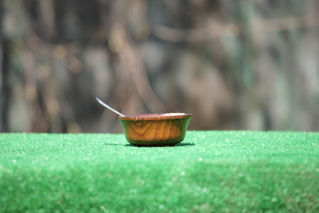 Wooden bowl with food and spoon on green grassの写真素材