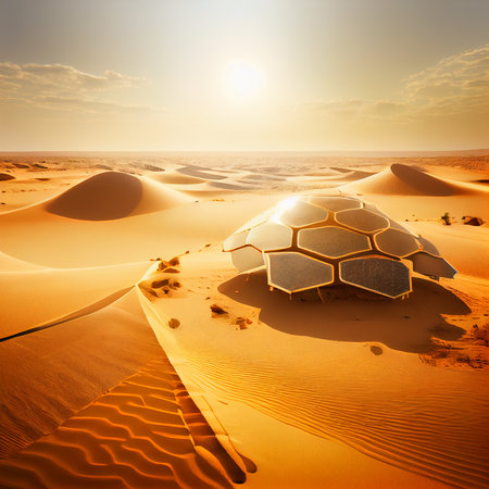 Solar power plant in the sandy desert. Green energy. Electrical panels. Ai generative.の写真素材