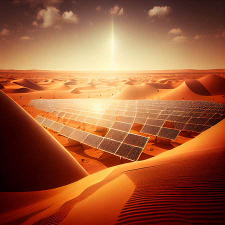 Solar power plant in the sandy desert. Green energy. Electrical panels. Ai generative.の写真素材