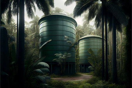 Oil storage tanks in tropical forest, pipelines of a petrochemical plant. Ai generative imageの写真素材