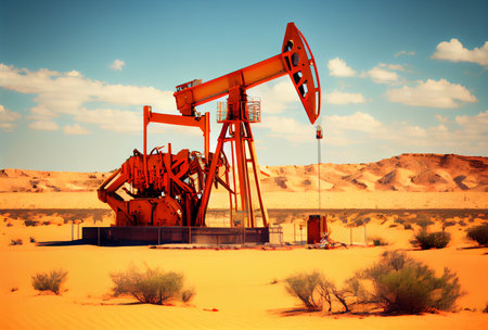 The oil pump in sand desert, industrial equipment. Ai generativeの写真素材