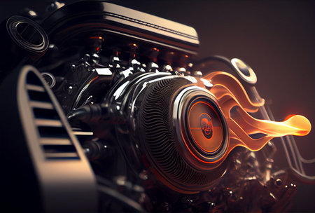 Futuristic Engine motor with neon glow. Power in fire. Ai generated image.