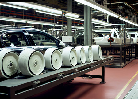 Automobile assembly line production. Ai generative. Futuristic style.