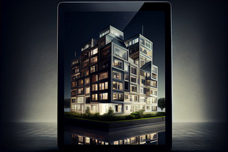 Hands holding tablet showing modern home, total blank project background, augmented reality concept, application to simulate exterior design products, 3d illustration. Ai generativeの写真素材