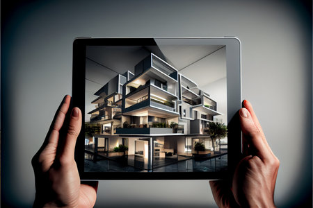 Project visualization using augmented reality tools. Designing and presenting with a tablet computer. Ai generativeの写真素材