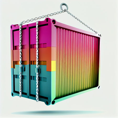 Freight container in air. Large container on chain loading. ai generated image.の写真素材