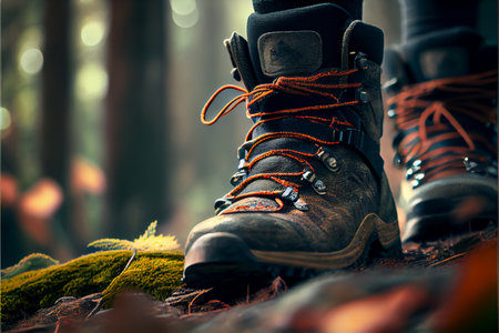 Hiking boots outdoors in fall autumn background. Ai generative image.