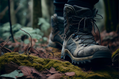 Hiking boots outdoors in fall autumn background. Ai generative image.