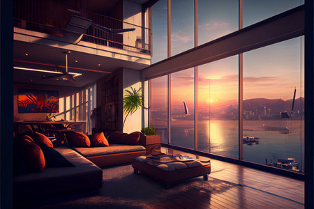 Empty loft style room with concrete floor and city view, ai generative.の写真素材