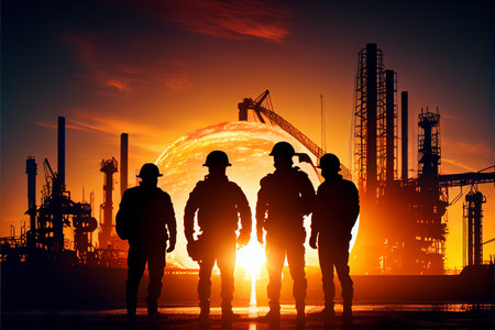 Heavy Industry Engineers Stand in oil petrochemical, Have Discussion. Construction of Oil, Gas and Fuels Transport Pipeline. Back View silhouette. unrecognizable people. Ai generativeの写真素材