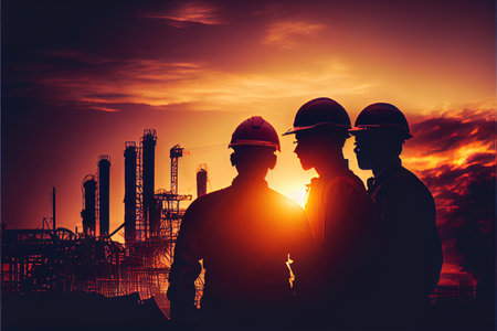 Heavy Industry Engineers Stand in oil petrochemical, Have Discussion. Construction of Oil, Gas and...