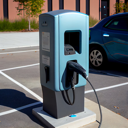New charging station for electric car on street at downtown, ai generative. Green power concept,...